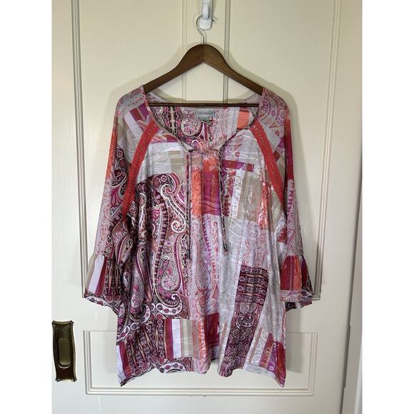 Catherines Patchwork Style Tunic Blouse Womens Size 3X Coral Pink Boho Festival - Picture 1 of 8